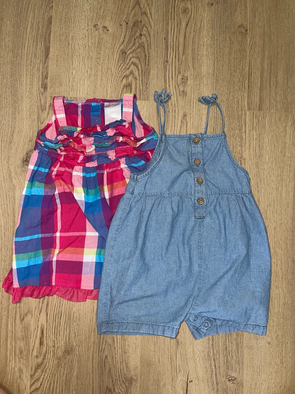 Baby Girls’ Blue Denim Romper & Pink Plaid Dress (18 mo)